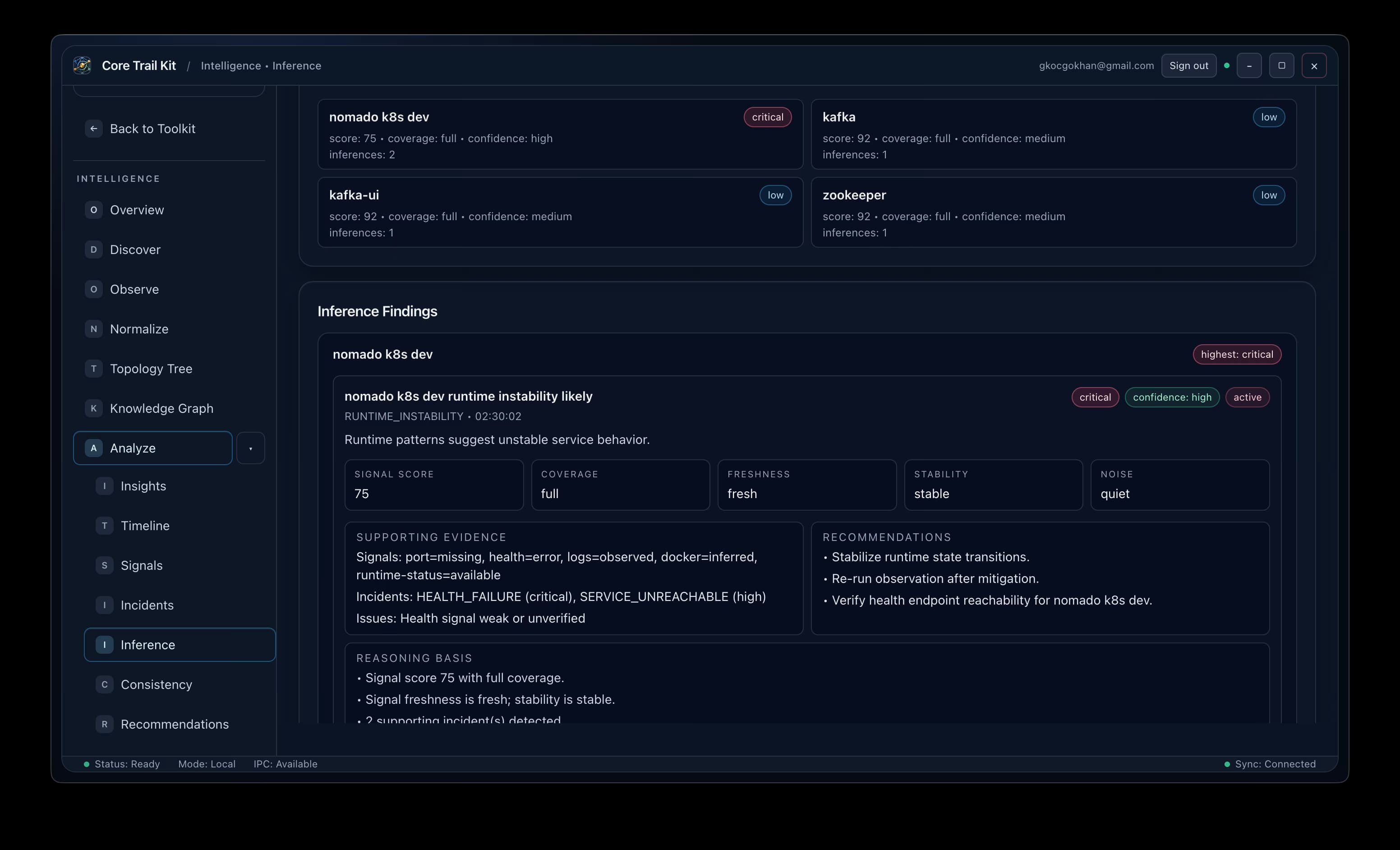 Core Trail Kit inference screen with runtime instability findings and deterministic recommendations.
